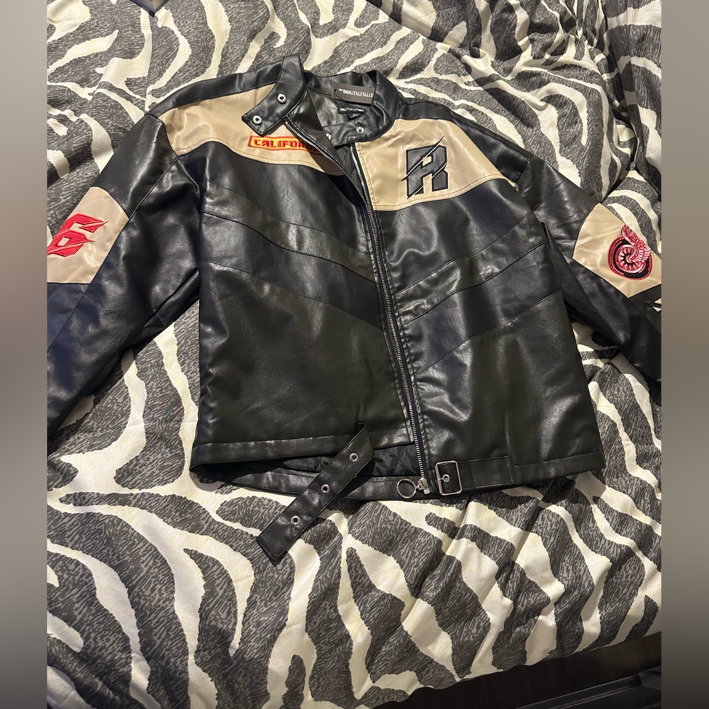 Black Contrast Panel Oversized Faux Leather Motorcross Jacket